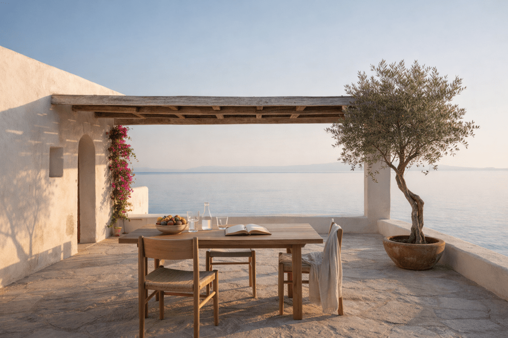 Contemporary Mediterranean terrace with sea view, olive tree, bougainvillea, natural stone floor, and a table with fruit, water, and an open book