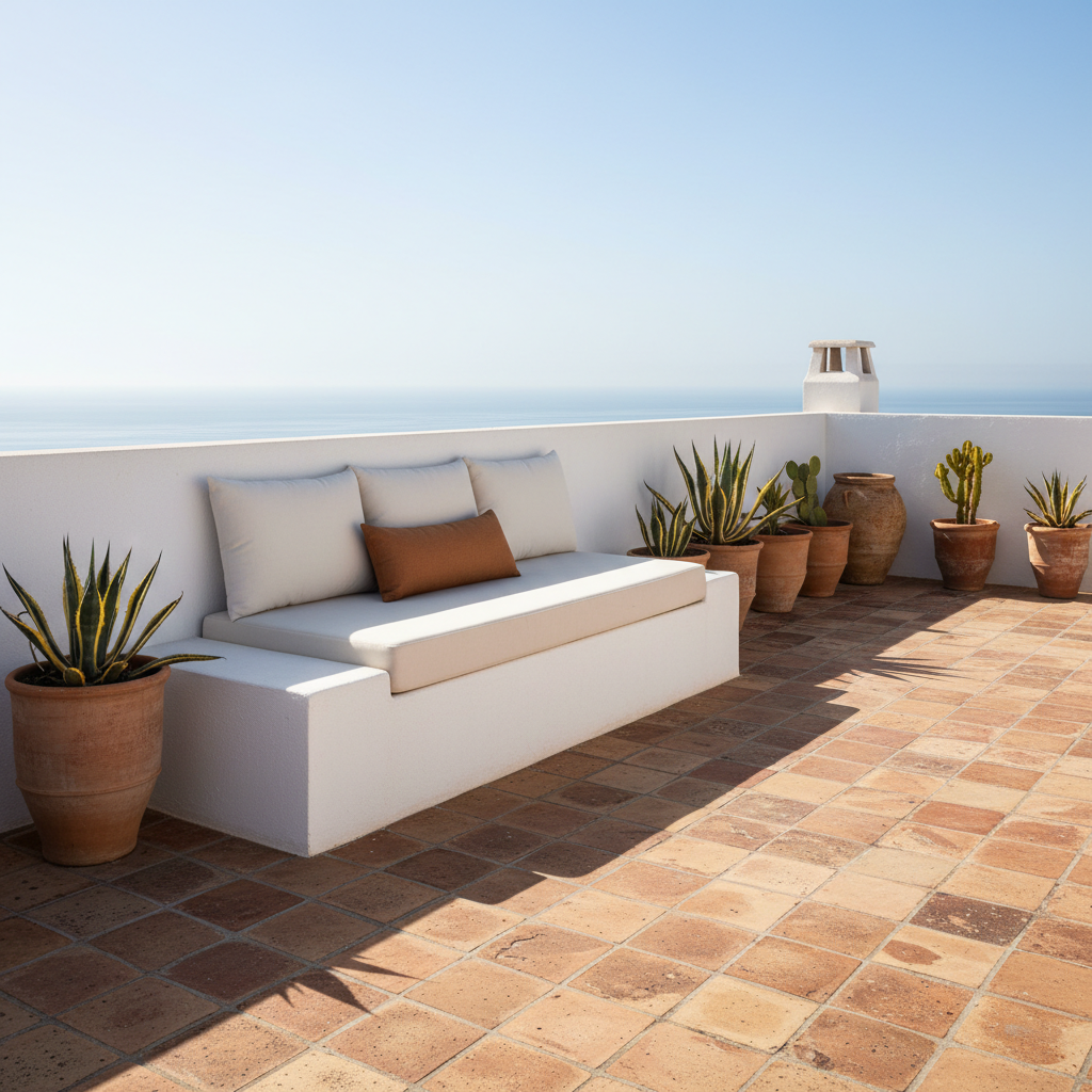 A sunlit rooftop patio in Southern Spain, featuring a low, built-in stucco daybed running along a parapet wall, topped with thick, off-white cushions and a single tobacco-colored bolster. The floor is a patchwork of aged terracotta tiles with subtle chips and variations in tone. Along the wall, a row of oversized terracotta pots houses sculptural agave and cacti, their forms casting graphic shadows. Mid-morning light creates clean, bright illumination with defined but gentle shadows, pairing the warm tiles with the crisp white architecture. Photographic realism, captured from a slightly elevated, wide-angle perspective, with the parapet framing a distant, hazy sea. The composition is minimal yet evocative, conveying relaxed, sophisticated Mediterranean outdoor living.