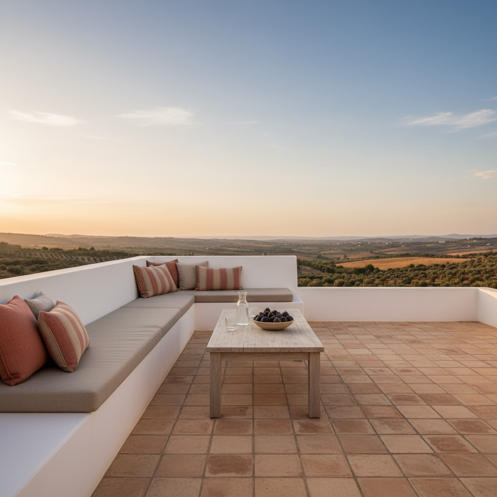 A refined Mediterranean terrace overlooking rolling Andalusian hills, featuring a long built-in bench of smooth white stucco with plush stone-colored cushions and striped linen pillows in muted clay and sand hues. In front, a simple rectangular table made of weathered teak holds a carafe of water, two clear glasses, and a shallow bowl of figs. Underfoot, terracotta tiles with subtle variation create a warm, tactile surface. Late-afternoon golden hour light slants across the scene, highlighting the textures of the stucco, fabric, and tile while casting elongated, soft-edged shadows. Shot in photographic realism from a slightly low angle, using the rule of thirds to balance sky, landscape, and seating. The atmosphere is tranquil, contemplative, and distinctly Mediterranean.