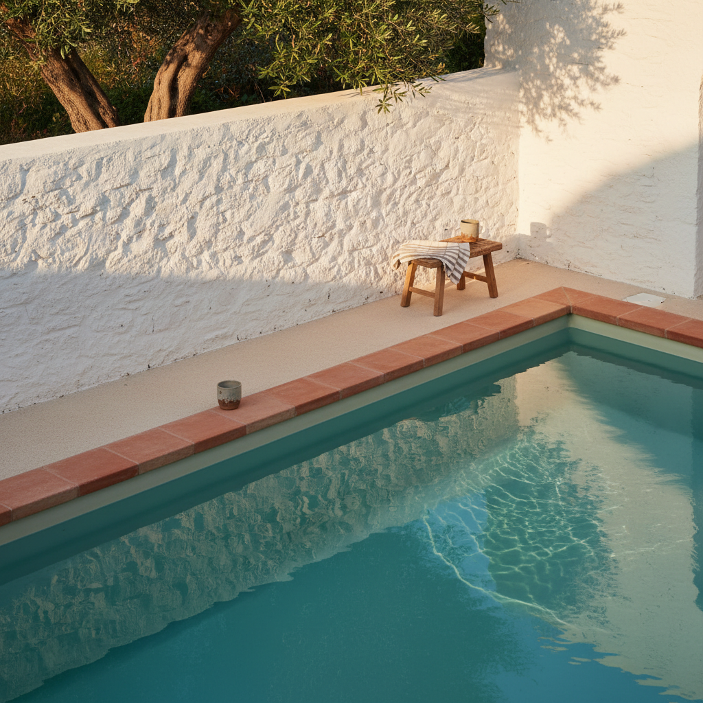 A secluded Mediterranean plunge pool nestled against a whitewashed stone wall, its water a clear, pale turquoise gently reflecting the sky. The pool is framed by narrow terracotta coping and a small platform of sand-colored microcement with a single, low teak stool. On the stool rests a folded, finely striped linen towel in ivory and tobacco hues, next to a small stoneware cup. Sunlight at golden hour spills over the wall, casting dappled shadows from an overhanging olive tree onto the water’s surface and surrounding plaster. Photographic realism from an elevated corner angle, with crisp focus and an emphasis on the play of light on water and wall. The atmosphere is hushed, luxurious, and timelessly Mediterranean.