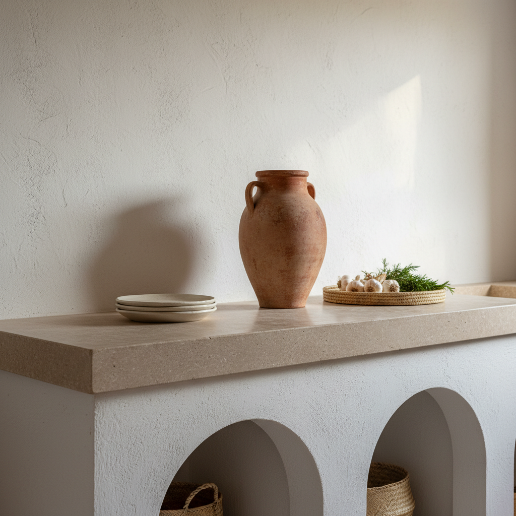 A minimalist Mediterranean kitchen corner with a thick, honed limestone countertop resting on simple, white stucco base units with arched niches beneath for open storage. On the counter, a large unglazed terracotta jar sits beside a small stack of off-white ceramic plates and a woven esparto grass tray holding a cluster of garlic and a sprig of rosemary. The backdrop is a matte, limewashed wall in warm white, subtly uneven and rich with texture. Soft morning light filters in from an unseen window to the right, gently grazing the wall and creating delicate, refined shadows. Photographic realism, captured at eye level with a tight, intimate composition and shallow depth of field, emphasizing textures, materials, and the quiet luxury of Mediterranean simplicity.
