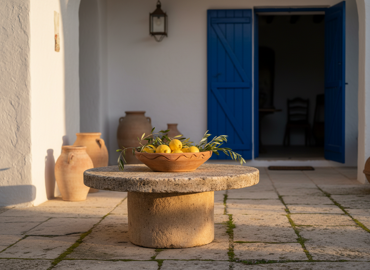 A sun-washed Mediterranean courtyard in Southern Spain, centered on a low sandstone table with a single hand-thrown terracotta bowl filled with ripe lemons and olive branches. The table rests on pale limestone pavers softened by time, surrounded by whitewashed stucco walls with subtle texture and faint shadows. A deep blue wooden shutter is half-open in the background, hinting at a cool interior. Late afternoon golden light pours in from the left, casting crisp yet gentle shadows and warm highlights on the stone and ceramics. Photographic realism from an eye-level angle with a calm, refined composition using the rule of thirds, shallow depth of field softly blurring distant clay pots and a discreet wrought-iron lantern, evoking serene, timeless Mediterranean living.