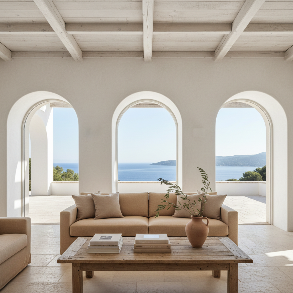 An elegant Mediterranean living room with white limewashed walls and a vaulted ceiling of exposed, sun-bleached wooden beams, anchored by a low, linen-upholstered sofa in warm sand tones. A rustic reclaimed-wood coffee table holds a stack of patinaed design books and a simple clay vase with clipped olive branches. The room opens to a terrace through large, arched openings, framing glimpses of sea and distant hills. Soft coastal daylight streams in, diffused by the arches, creating a gentle interplay of light and shadow on textured plaster. Photographic realism with a wide-angle, slightly elevated perspective, sharp focus throughout. The mood is calm, sophisticated, and uncluttered, with a neutral palette, natural materials, and a quiet sense of enduring Mediterranean elegance.